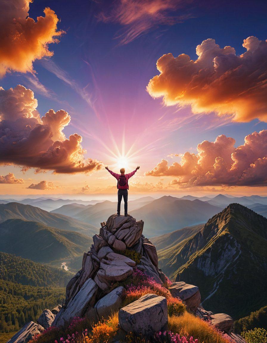 A person standing on a mountaintop, arms outstretched towards a sunrise, symbolizing joy and personal growth. Surrounding them are ten glowing orbs, each representing a different strategy for emotional well-being, filled with vibrant colors. Soft, fluffy clouds float by, suggesting a sense of peace and enlightenment. The scene is radiant and uplifting, inspiring viewers to seek their own paths to happiness. super-realistic. vibrant colors. white background.